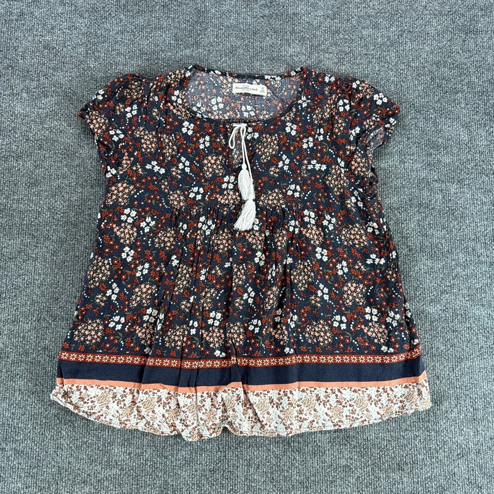 Abercrombie & Fitch Womens Navy Blue Floral Tassel Babydoll Blouse Medium Summer